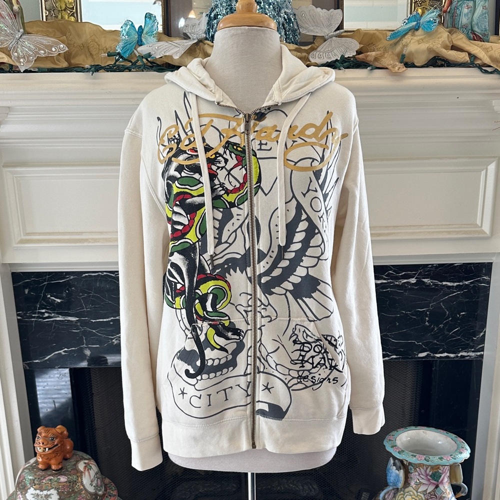 Ed Hardy cream fleece hoodie w/ Blk Panther & Snake tattoo art graphic